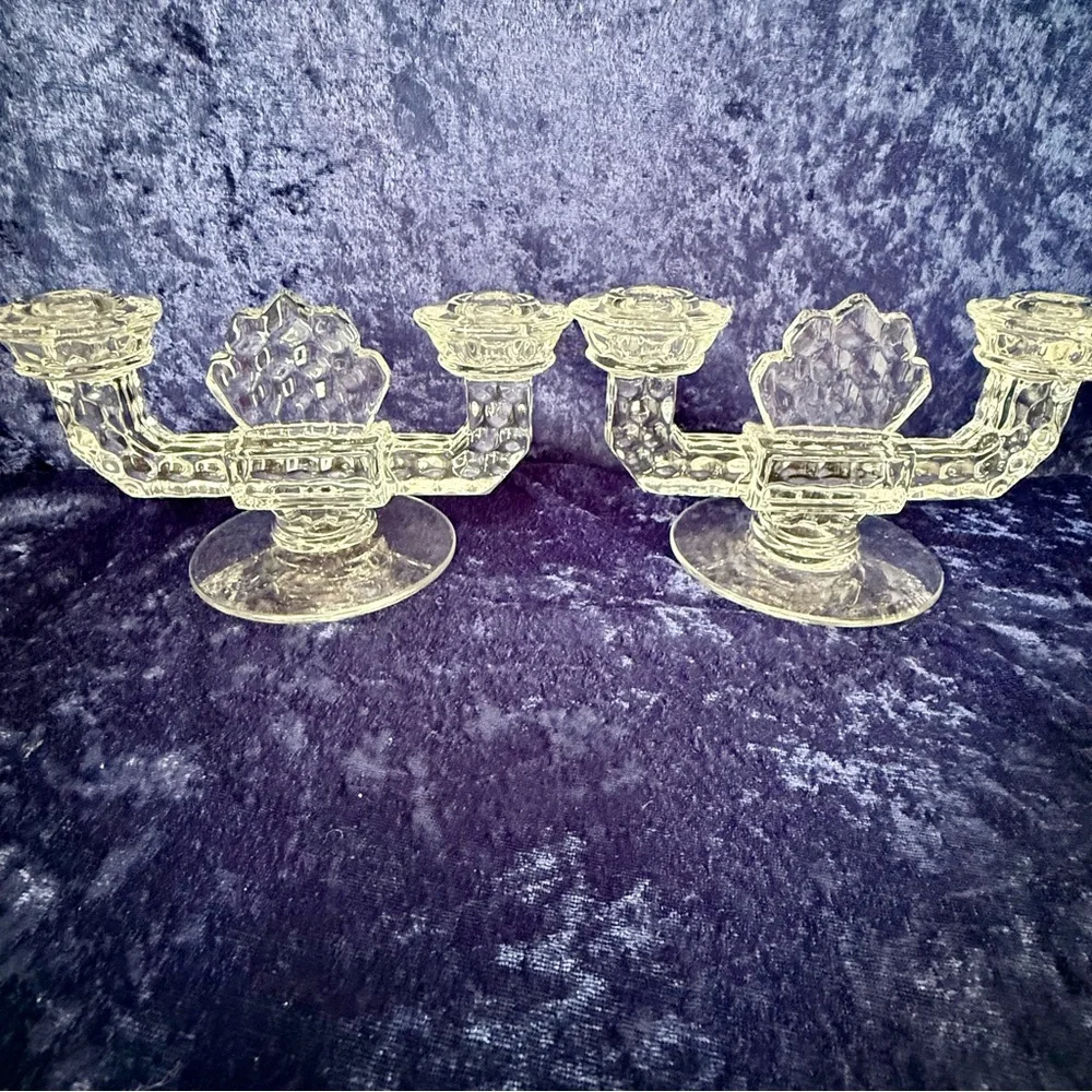 Pair of Vintage Fostoria American Clear Double Candlestick Holders - Excellent‎